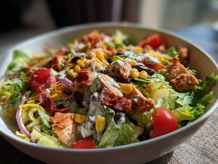 A close-up of a bowl filled with BBQ Chicken Chopped Salad, featuring grilled chicken, lettuce, corn, beans, tomatoes, and bacon.