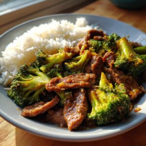 A plate of steaming beef and broccoli stir fry served with fluffy white rice, showcasing tender beef strips and vibrant broccoli florets.