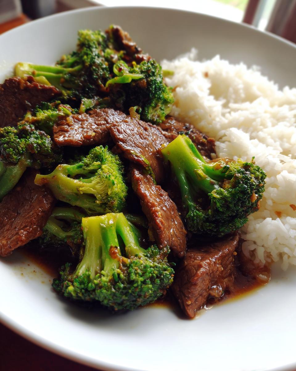 A close-up of a white bowl filled with a generous portion of beef and broccoli stir fry served alongside fluffy white rice.