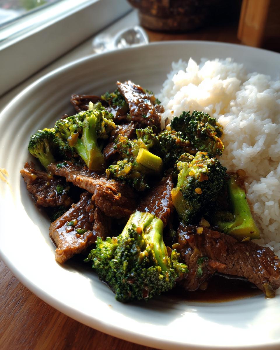 A close-up of a white bowl filled with a steaming portion of beef and broccoli stir fry served alongside fluffy white rice.