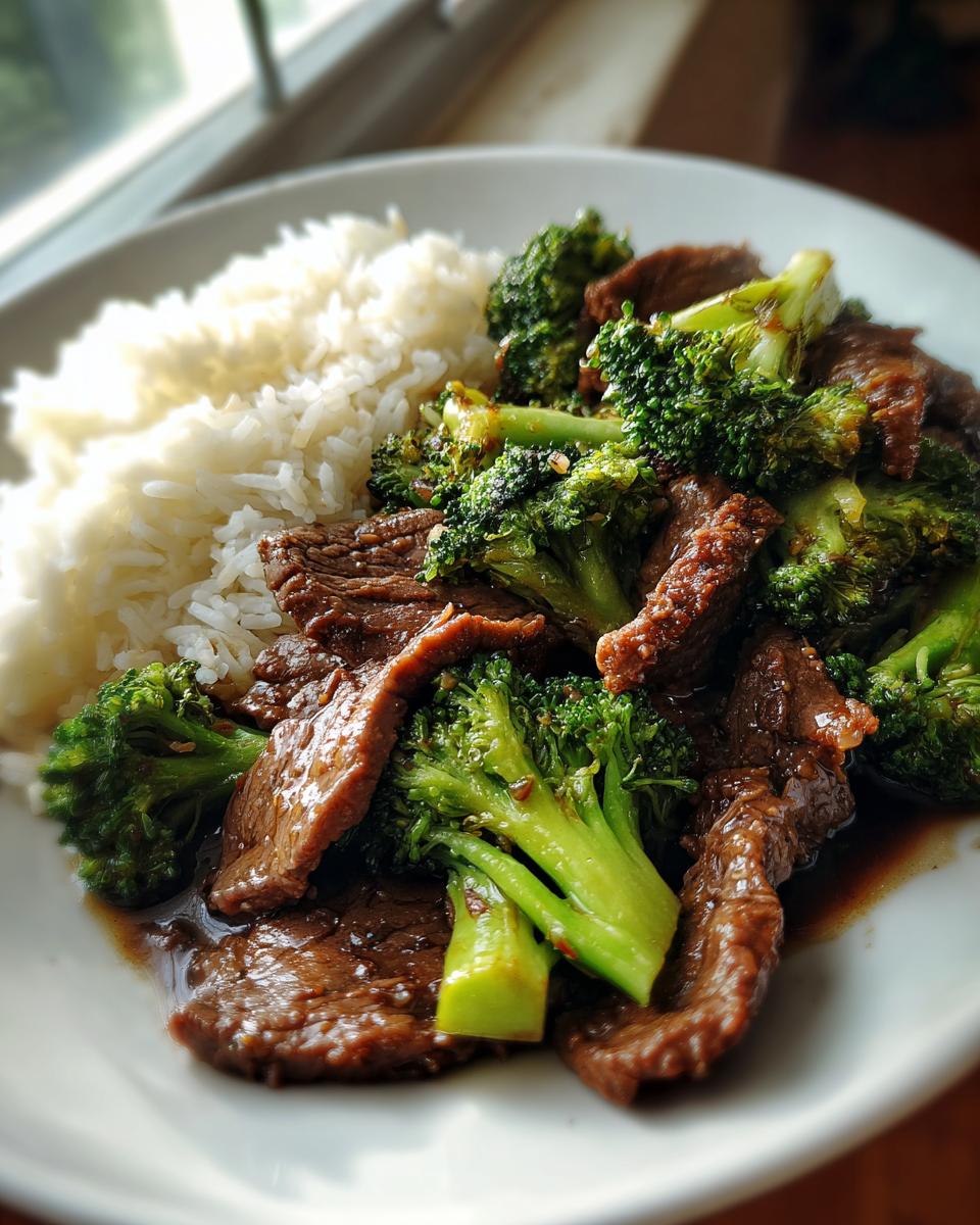 Close-up of a plate of beef and broccoli stir fry served with white rice.