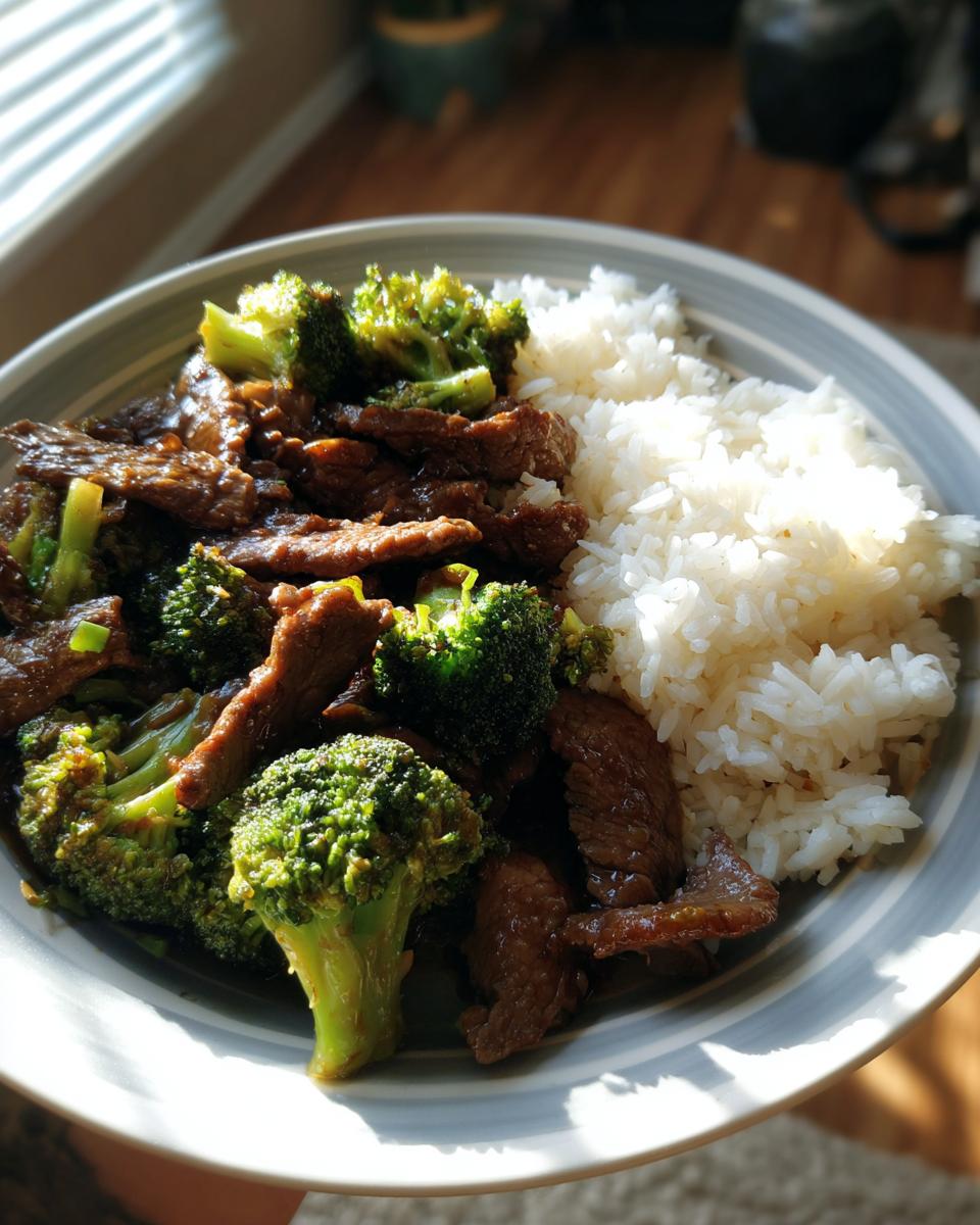A plate of savory beef and broccoli stir fry served with fluffy white rice. A perfect 30-min meal.