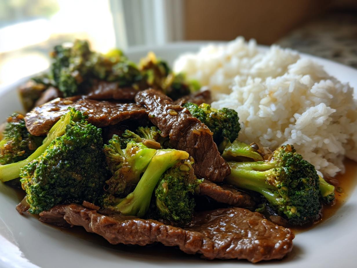 Close-up of a plate featuring a generous portion of beef and broccoli stir fry served alongside fluffy white rice.