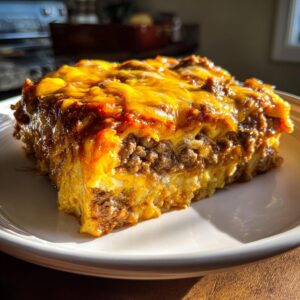 A close-up of a generous slice of beef enchilada casserole, topped with melted cheese.