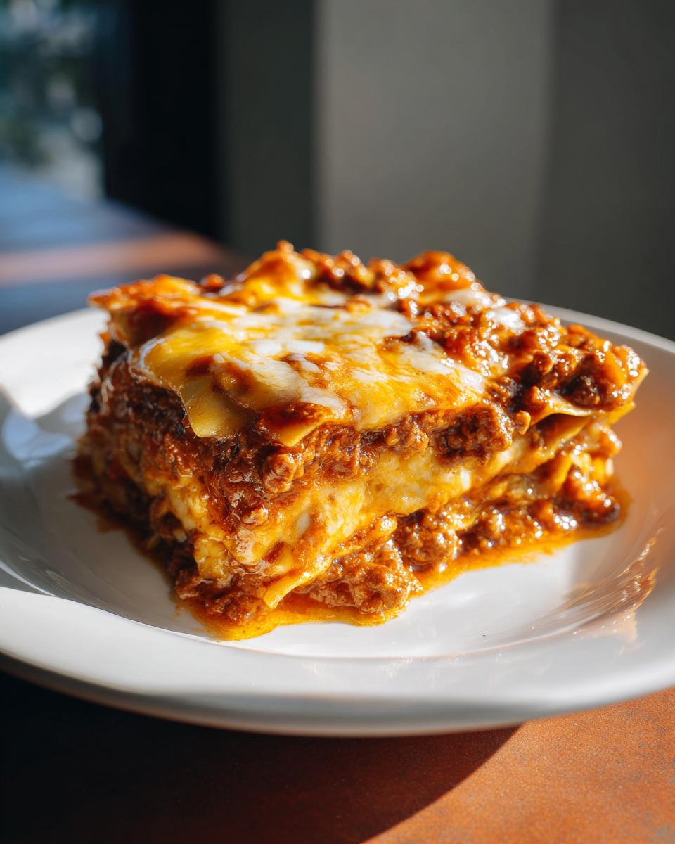 A close-up of a hearty slice of beef enchilada casserole, with layers of meat sauce and melted cheese.