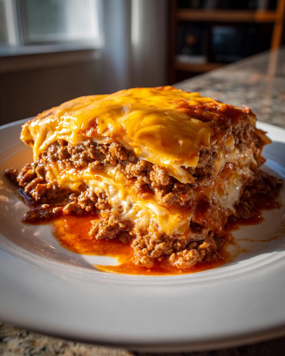 A generous slice of beef enchilada casserole on a white plate, with layers of seasoned ground beef and melted cheese.