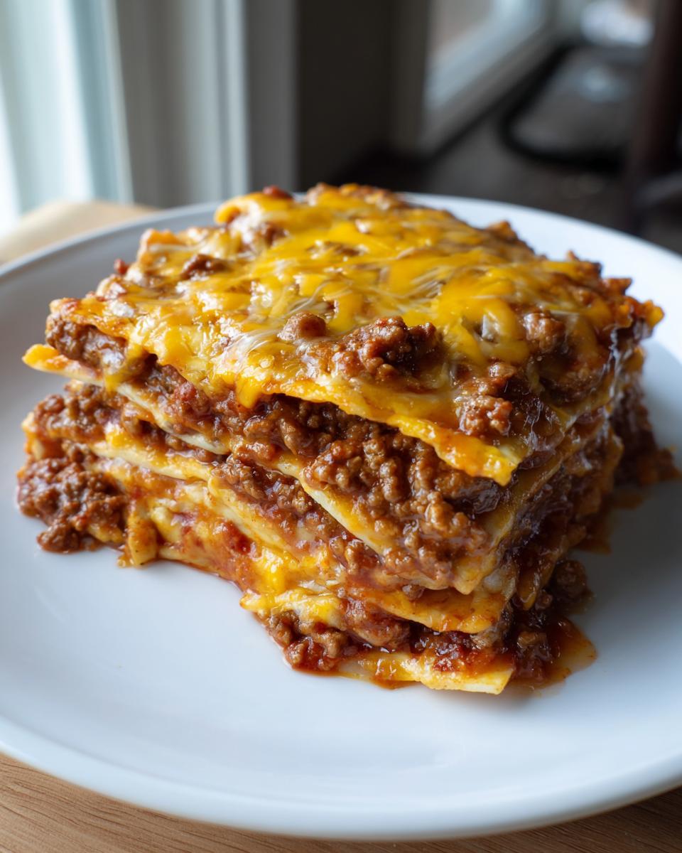 A hearty slice of beef enchilada casserole, layered with tortillas, seasoned ground beef, and melted cheese.
