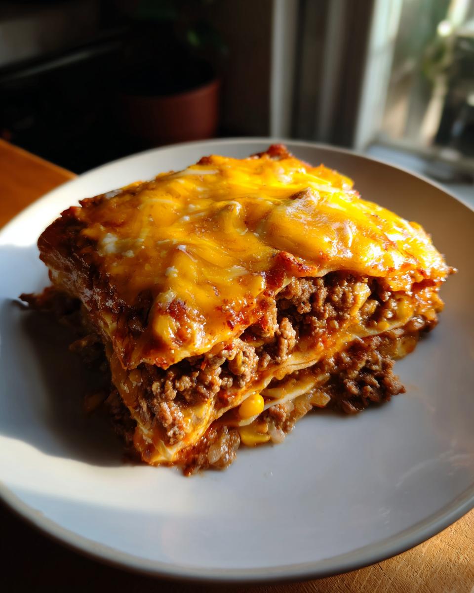 A hearty slice of beef enchilada casserole with layers of ground beef, tortillas, corn, and melted cheese.