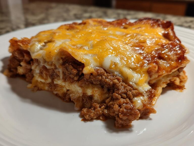 A close-up of a hearty slice of beef enchilada casserole, featuring layers of seasoned ground beef, tortillas, and melted cheese.