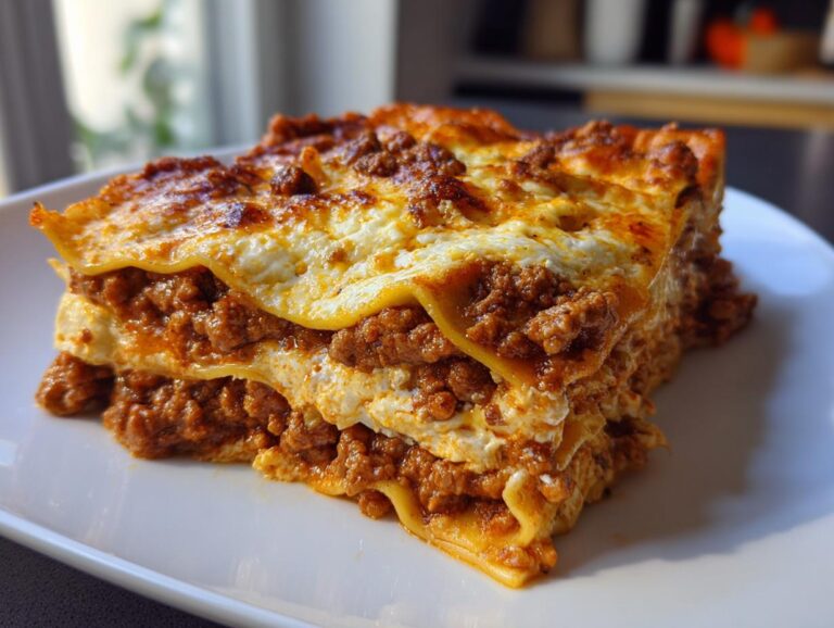 A generous slice of homemade beef lasagna with layers of pasta, rich meat sauce, and creamy cheese.