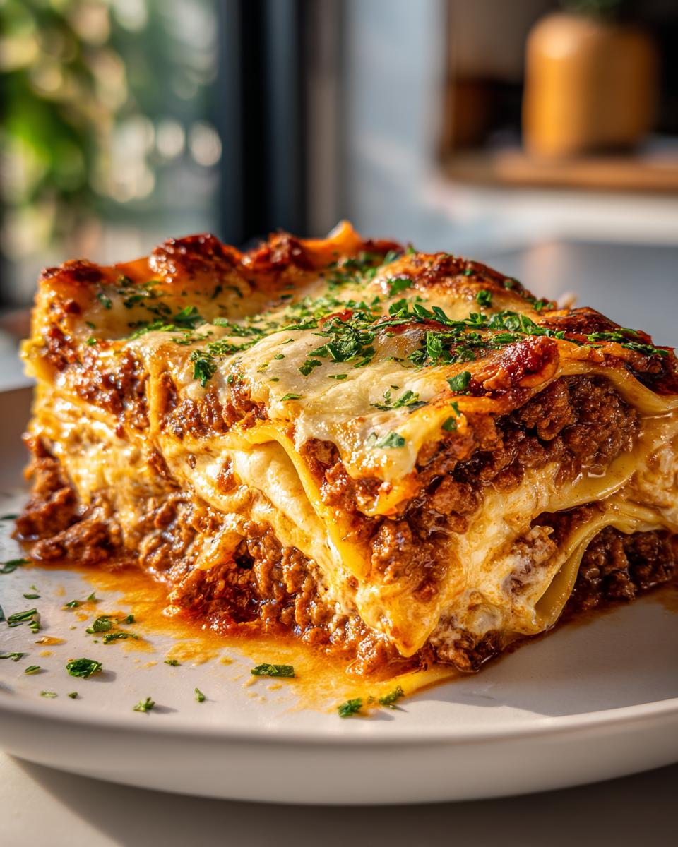 A generous slice of rich beef lasagna, layered with pasta, meat sauce, and melted cheese, garnished with fresh parsley.