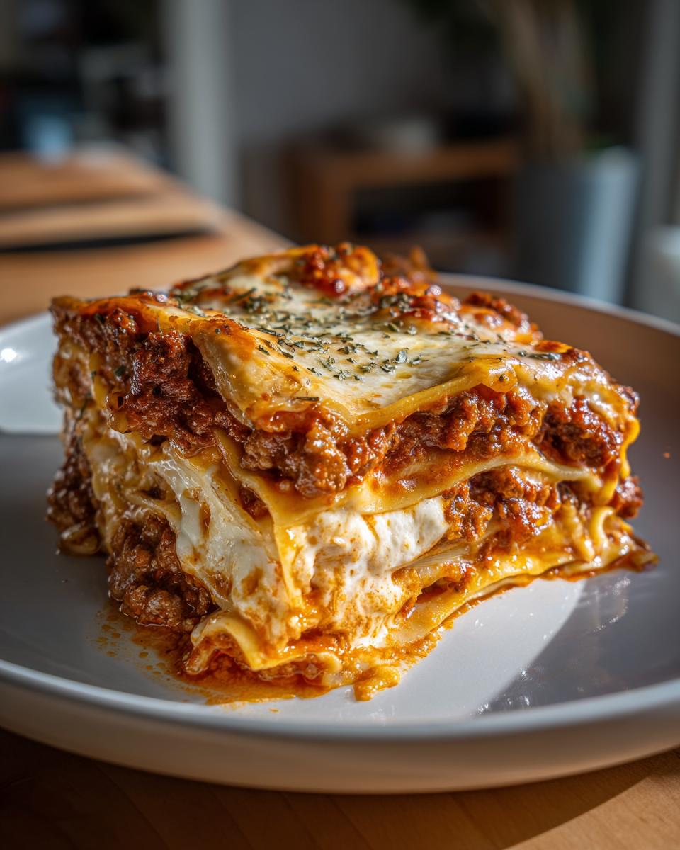 A generous slice of homemade beef lasagna with layers of pasta, rich meat sauce, and creamy cheese.
