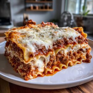 A generous slice of homemade beef lasagna with layers of pasta, rich meat sauce, and melted cheese.
