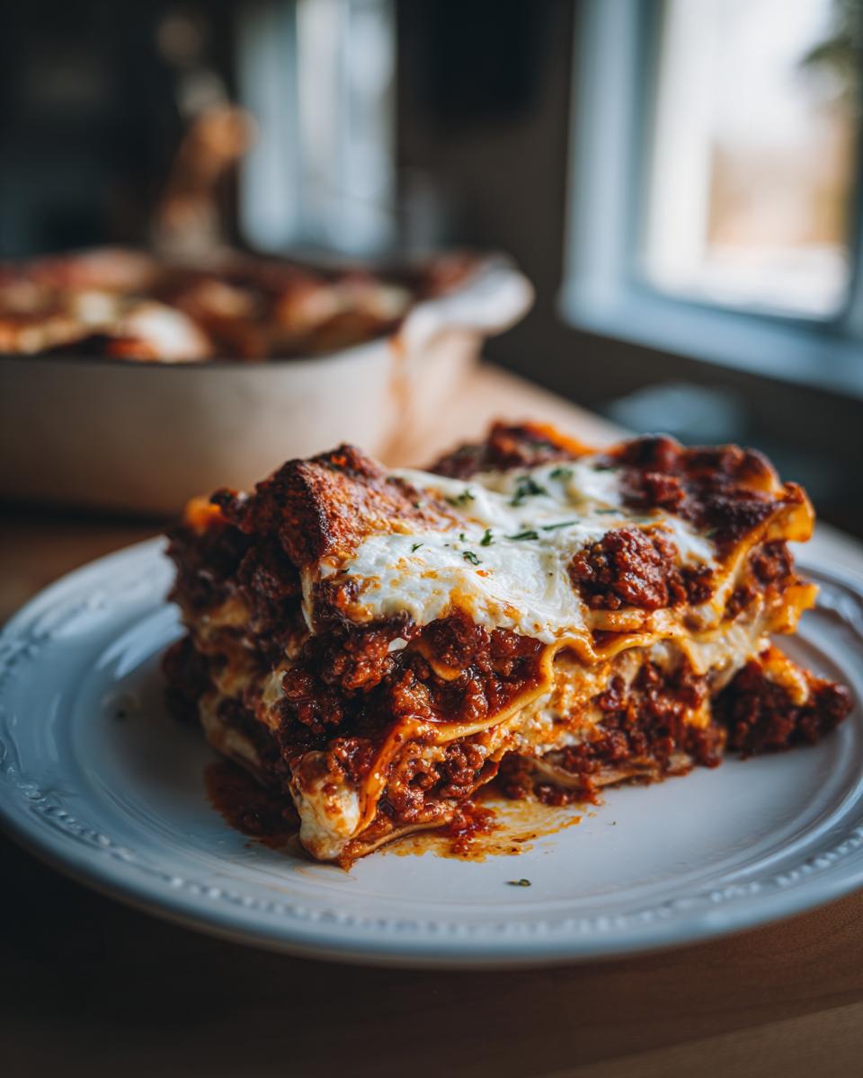 A generous slice of homemade beef lasagna with layers of pasta, rich meat sauce, and melted cheese, garnished with herbs.