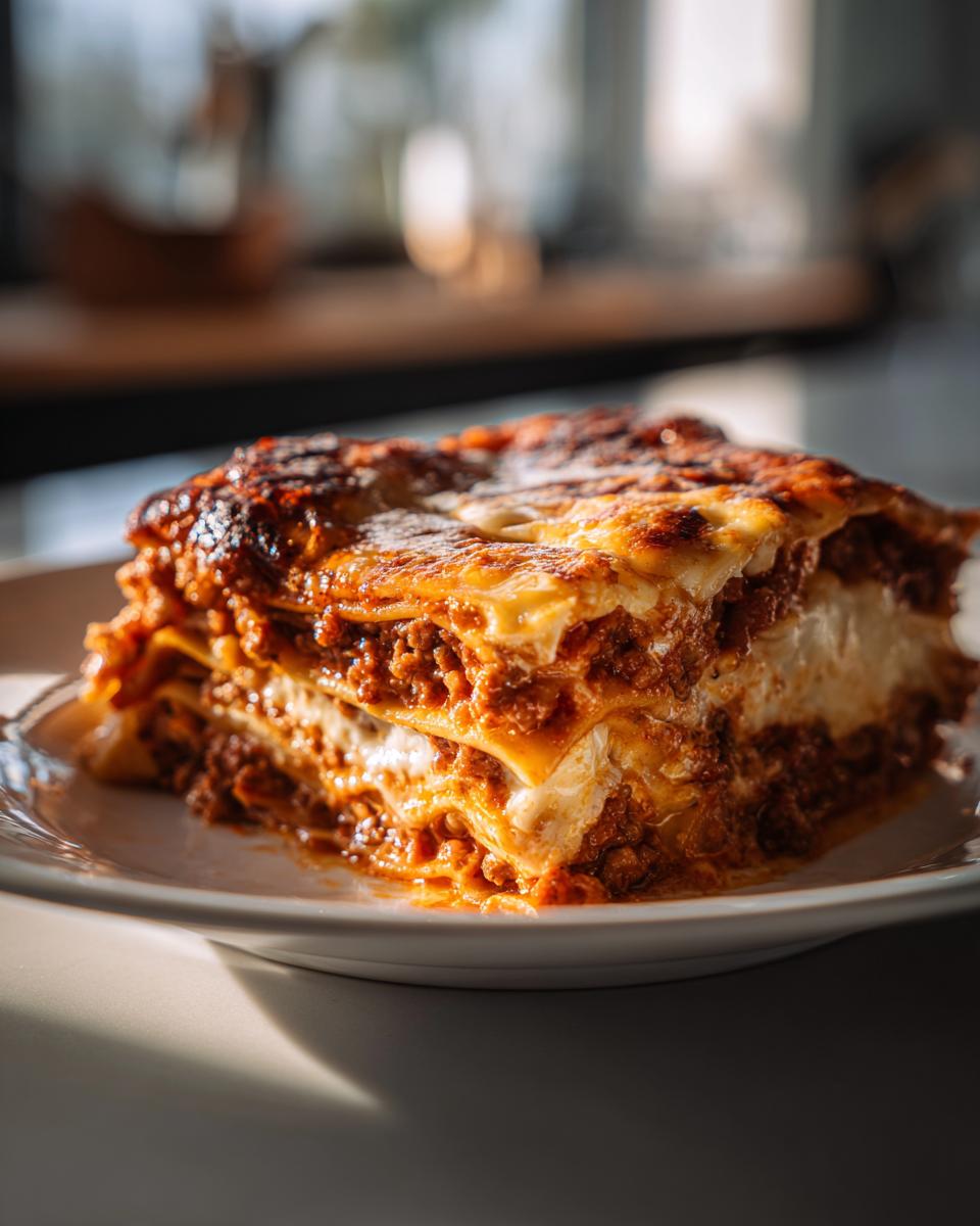 A close-up shot of a hearty slice of beef lasagna, showcasing layers of pasta, rich meat sauce, and creamy cheese.