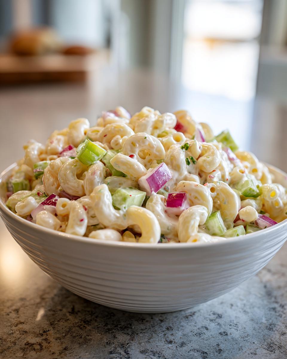 A close-up of a white bowl filled with creamy macaroni salad, featuring elbow macaroni, diced celery, and red onion.