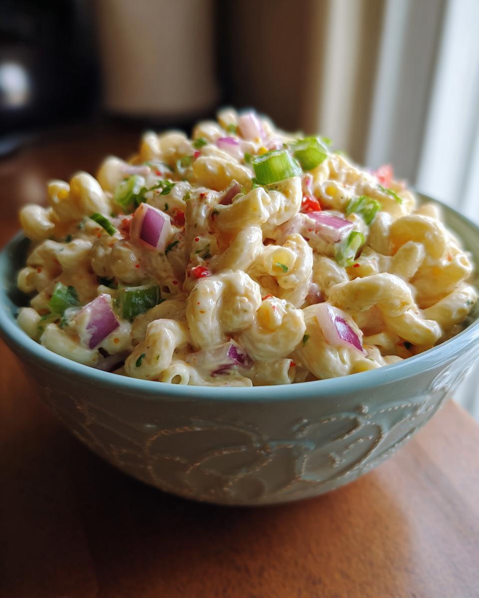 A close-up of a bowl filled with creamy Macaroni salad, featuring elbow pasta, red onion, green onions, and red pepper flakes.