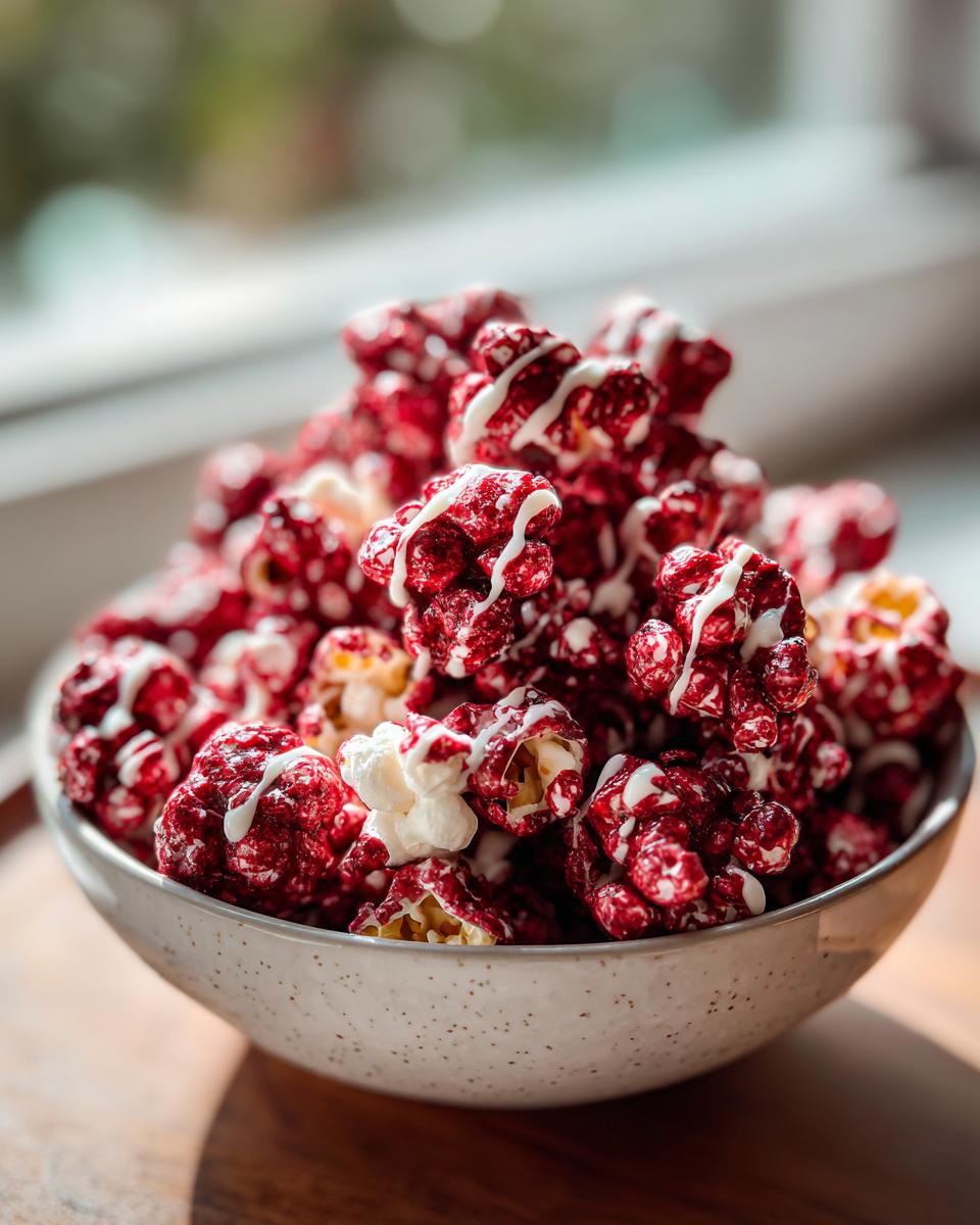 A bowl overflowing with bold bloody red velvet popcorn drizzled with white chocolate.