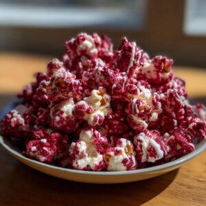 A close-up of a bowl overflowing with bloody red velvet popcorn, drizzled with white chocolate.