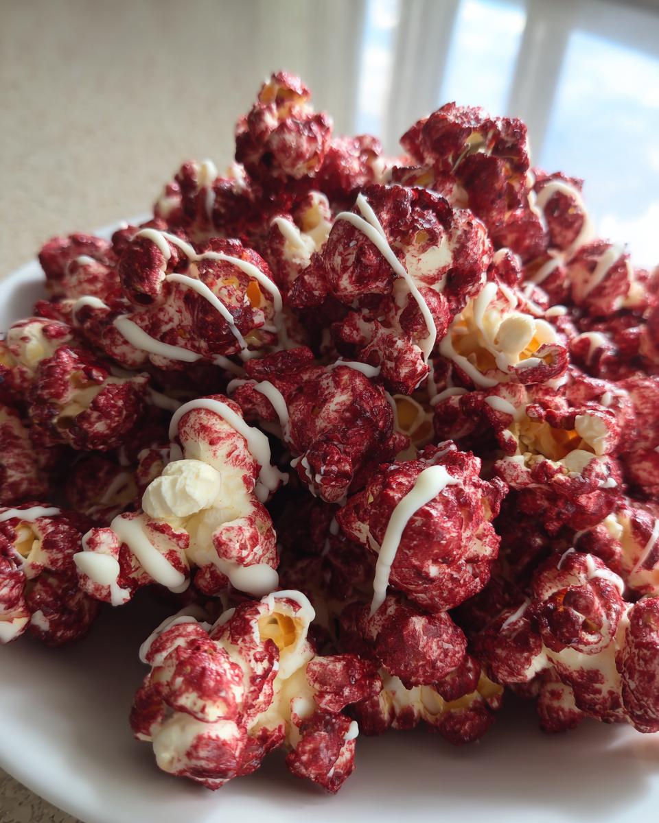 Close-up of a pile of bloody red velvet popcorn, drizzled with white chocolate.