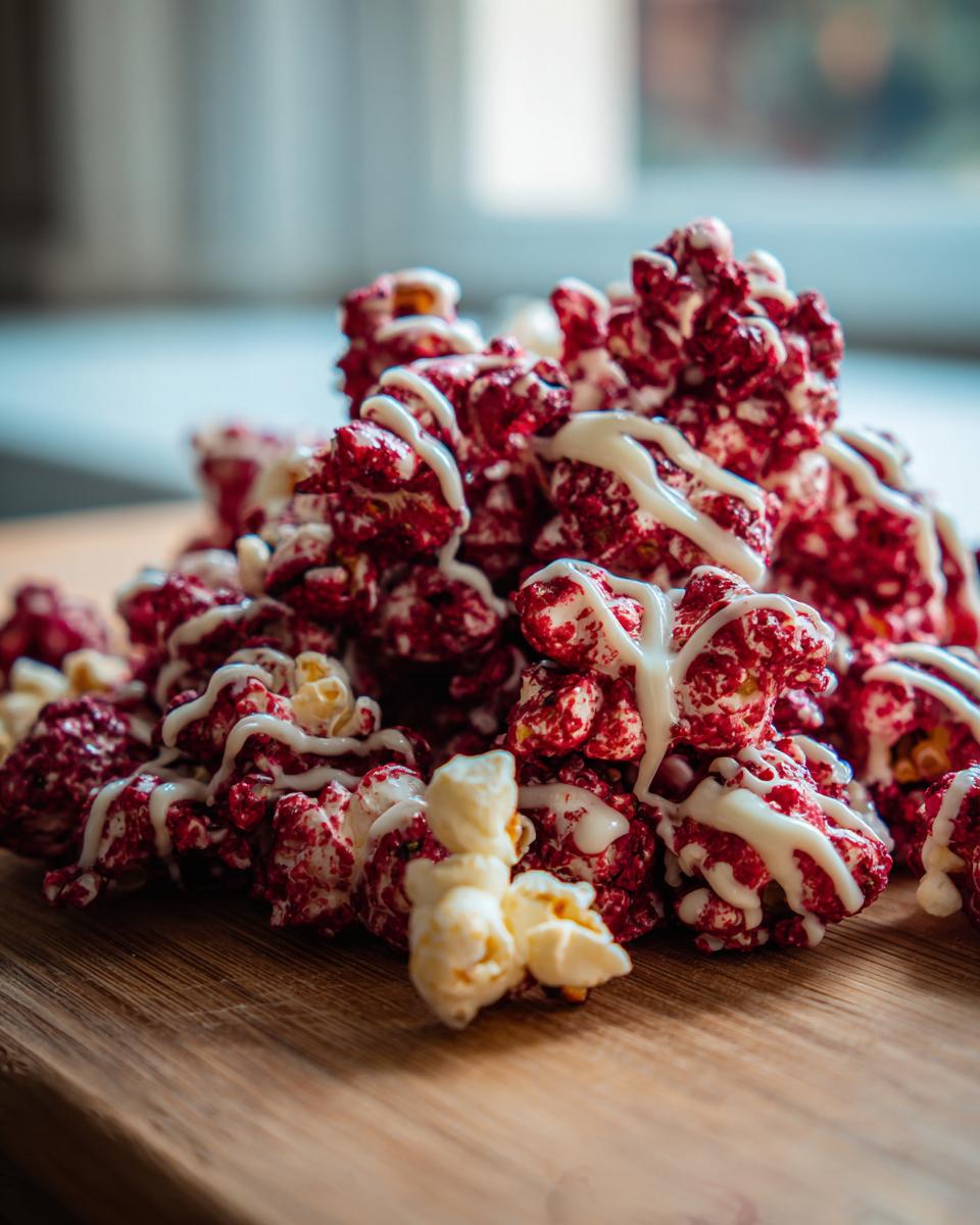 Close-up of a pile of bloody red velvet popcorn drizzled with white chocolate.