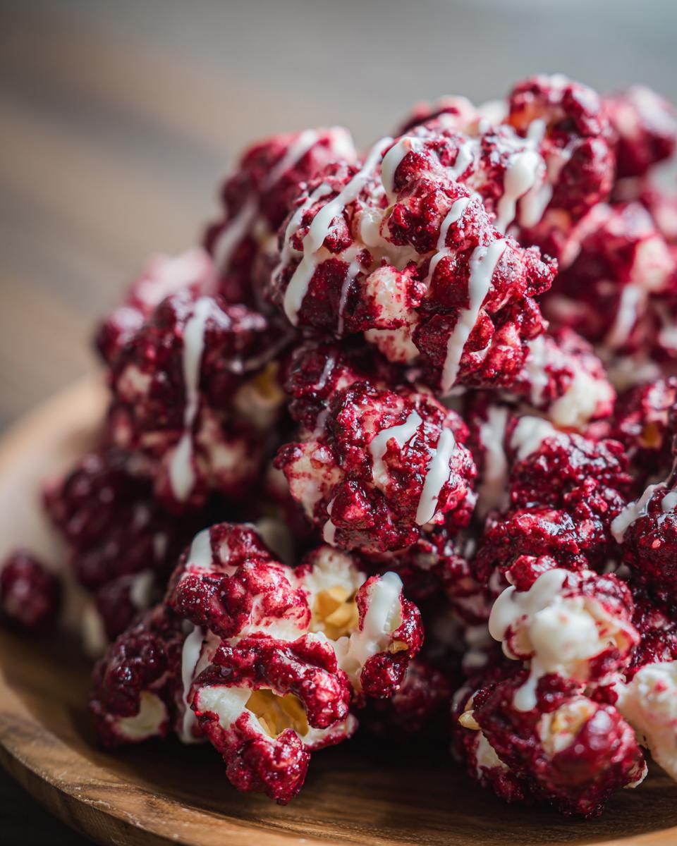 A close-up shot of a pile of bloody red velvet popcorn drizzled with white icing.