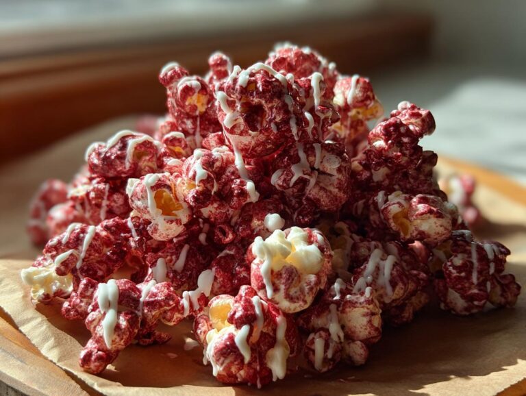 Close-up of a pile of bloody red velvet popcorn drizzled with white icing.