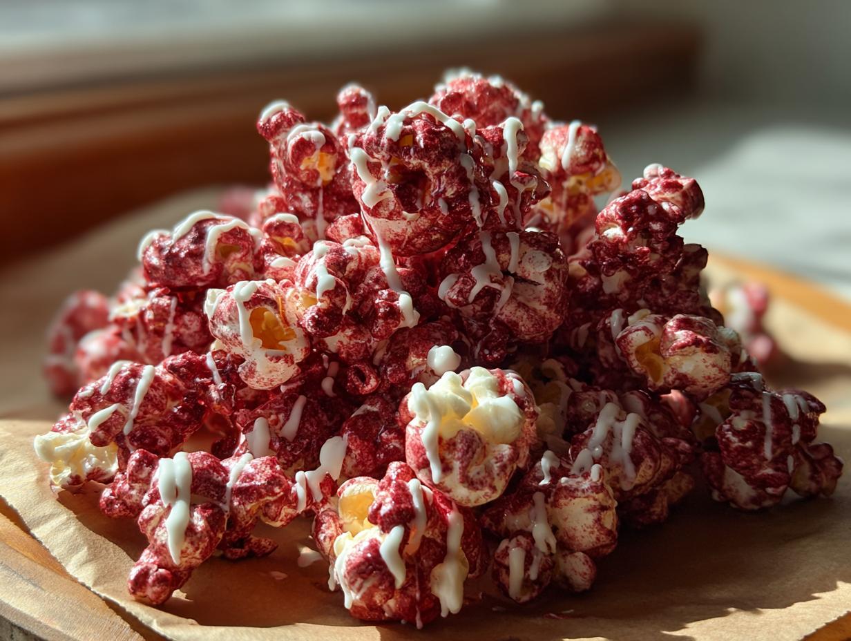 Close-up of a pile of bloody red velvet popcorn drizzled with white icing.