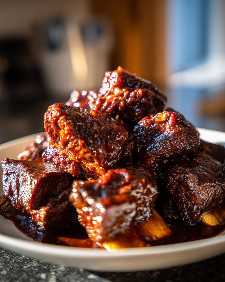 Close-up of a bowl filled with tender, glistening braised short ribs in a rich sauce.
