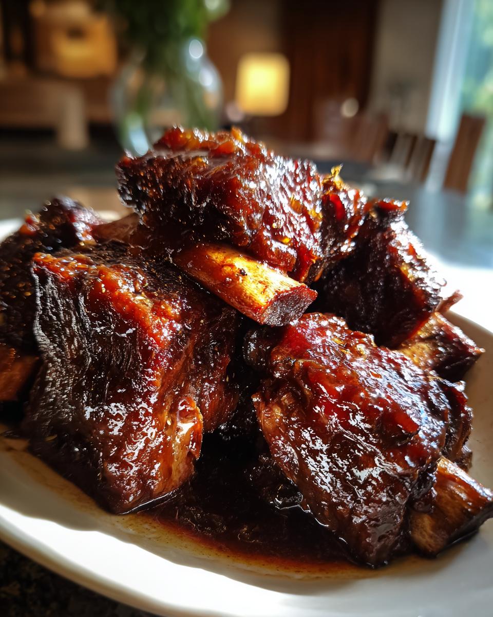 Close-up of tender, glossy braised short ribs piled on a white plate, glistening in their rich sauce.