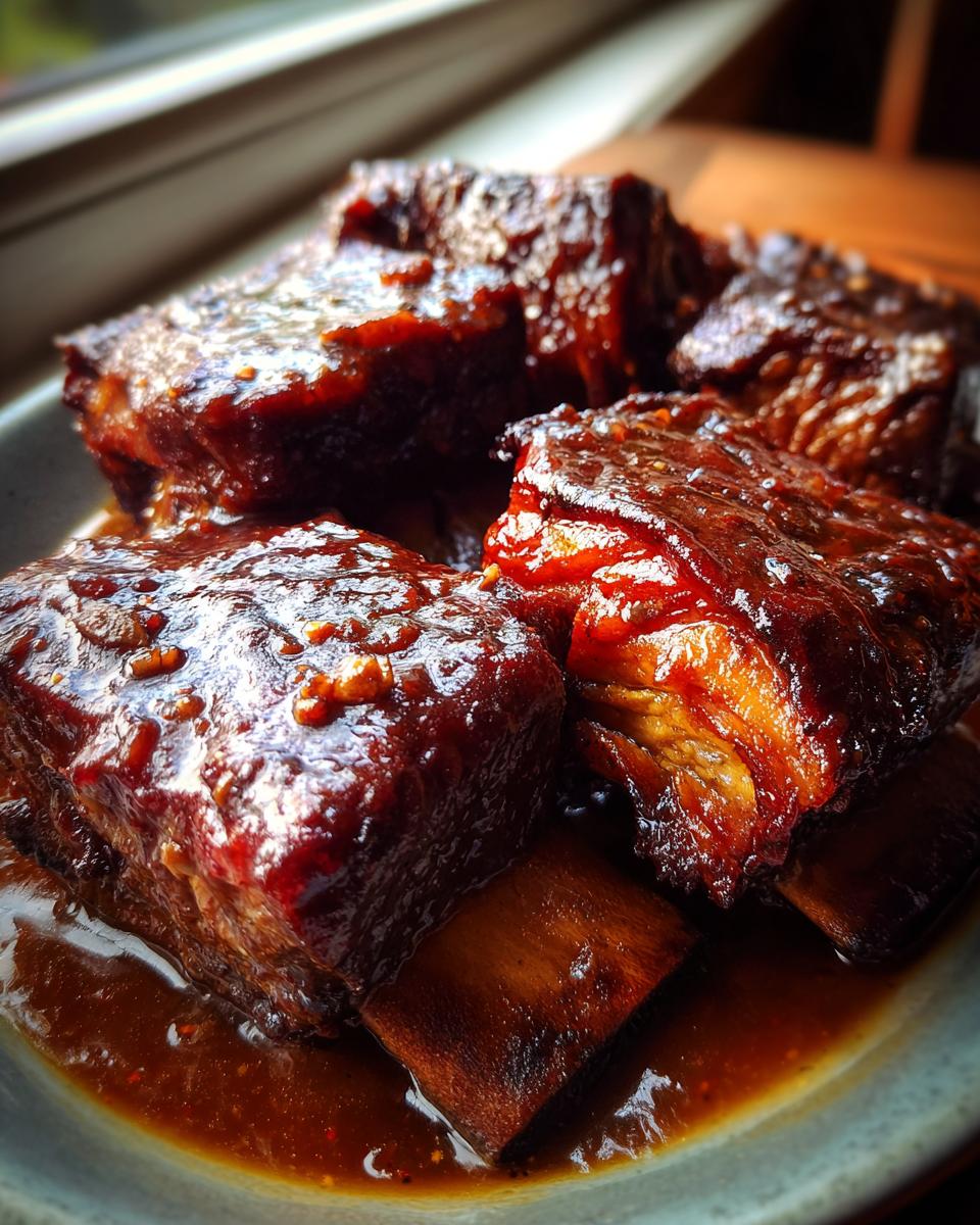 Close-up of tender braised short ribs coated in a rich, glossy sauce, ready to be served.