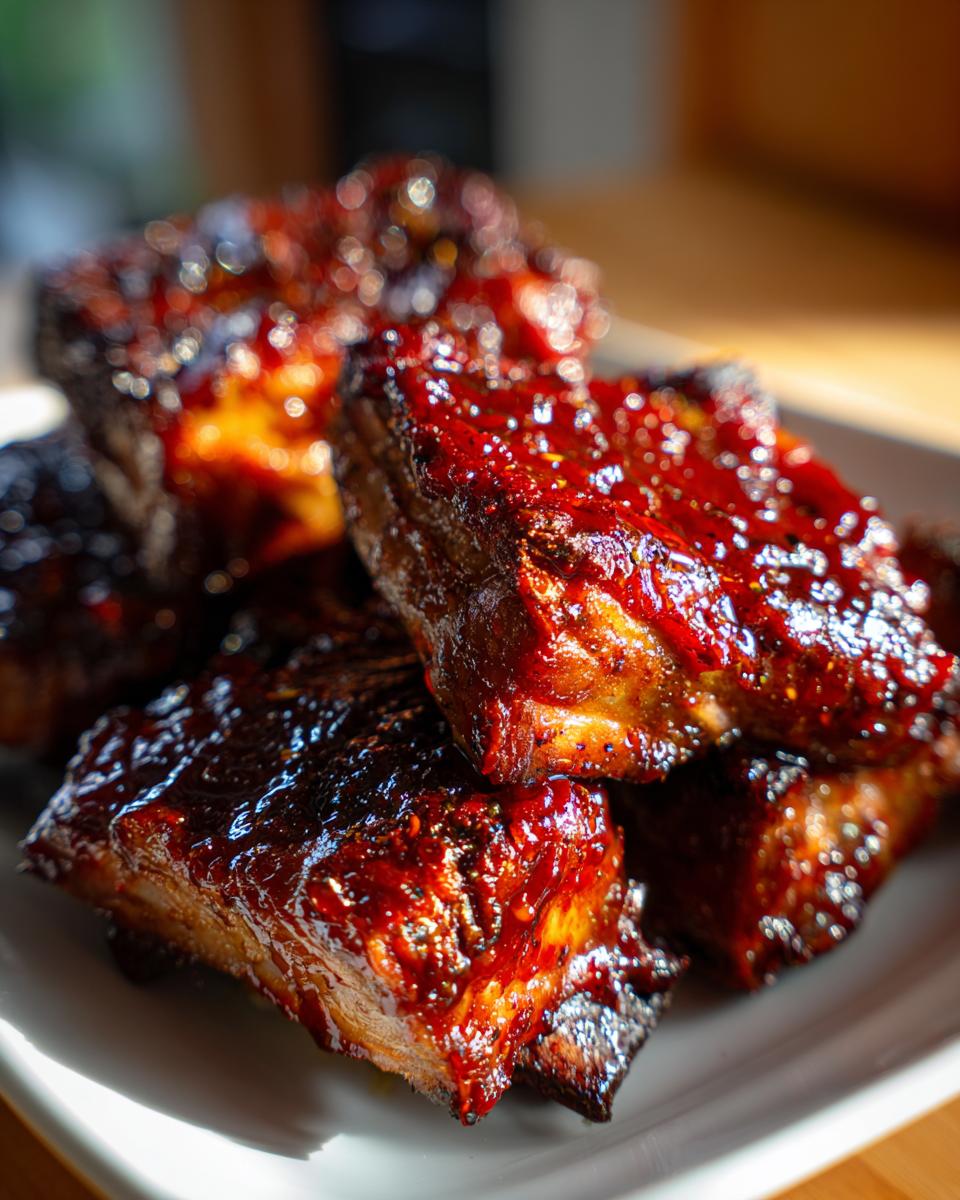A close-up of a stack of tender, glazed braised short ribs on a white plate.
