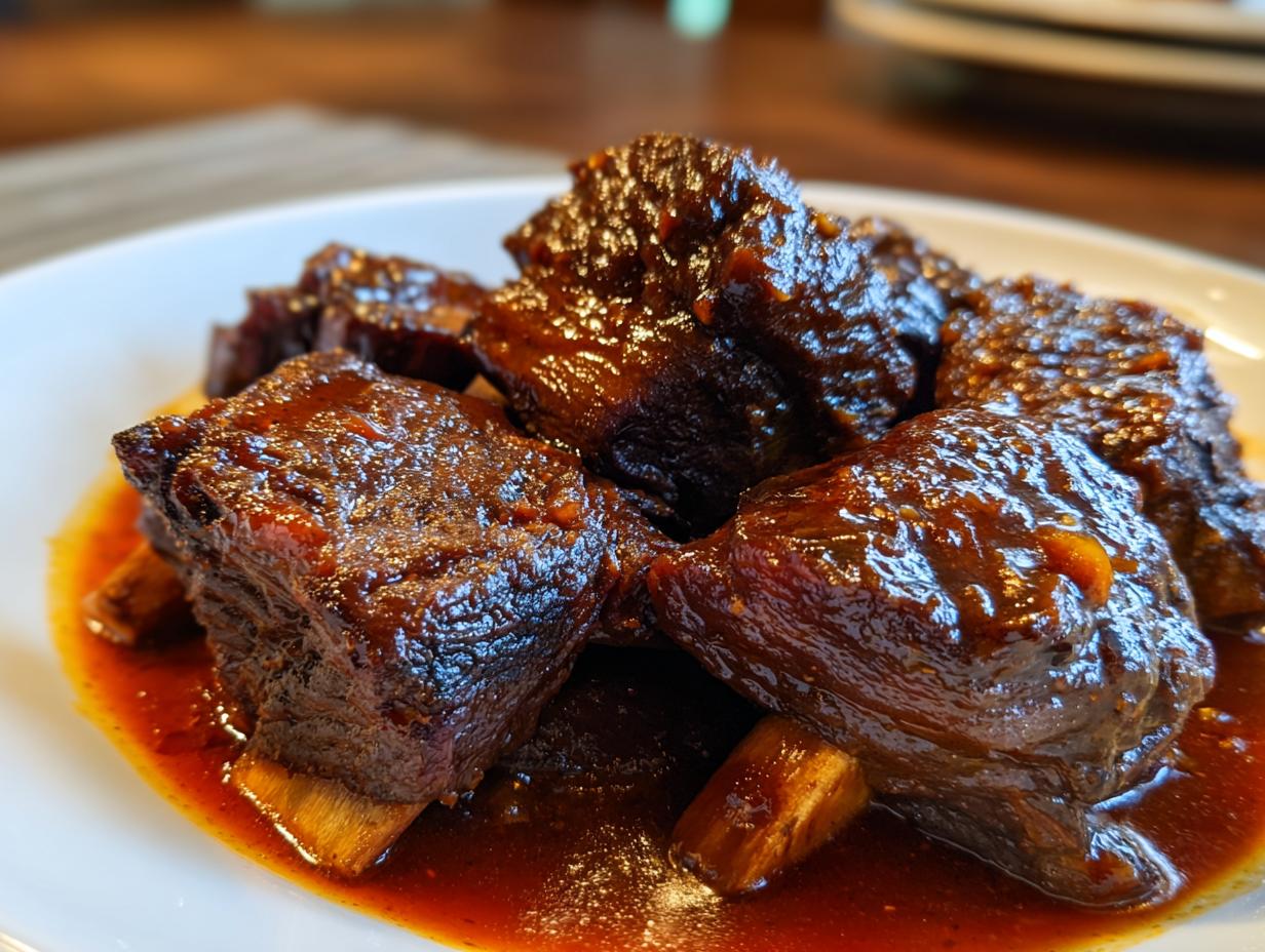 Close-up of tender braised short ribs coated in a glossy, rich sauce on a white plate.