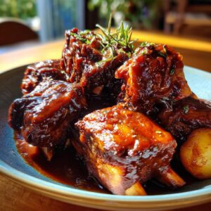 Close-up of tender braised short ribs glazed in a rich sauce, garnished with fresh rosemary.