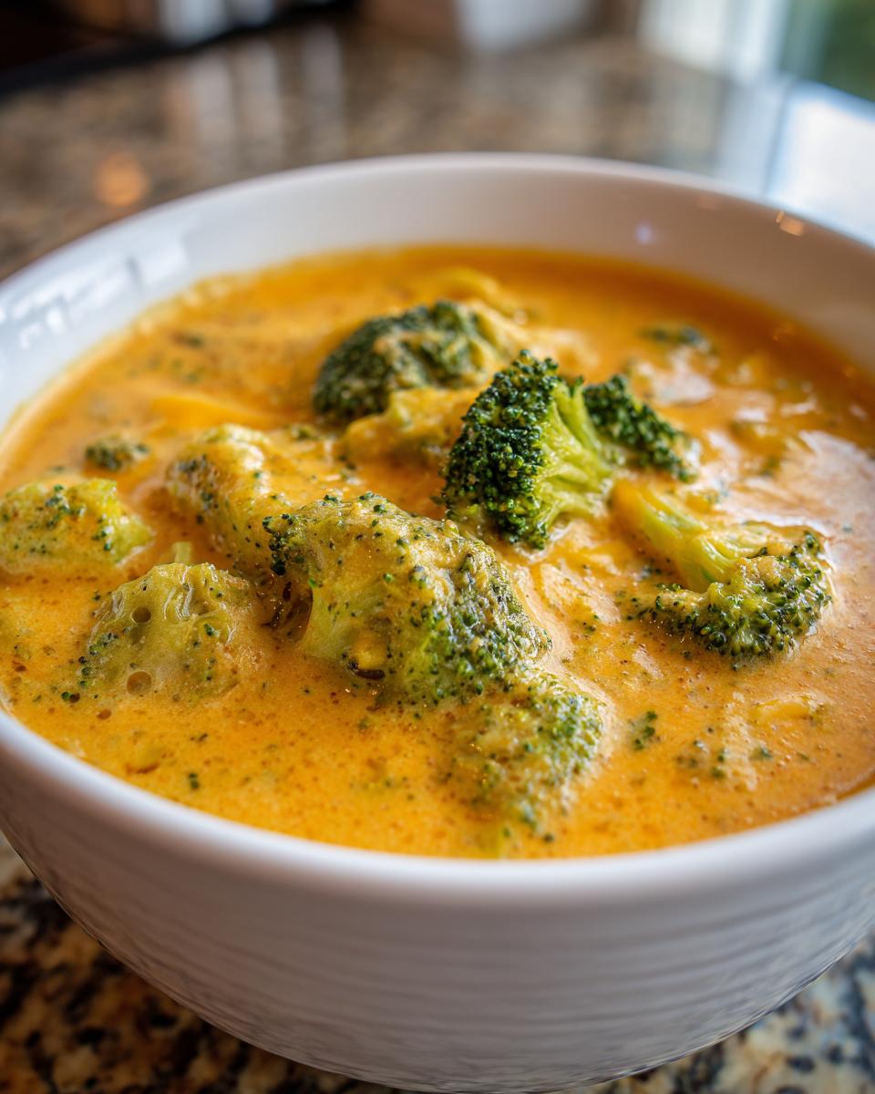 A close-up of creamy Broccoli Cheddar Soup with florets of broccoli in a white bowl.