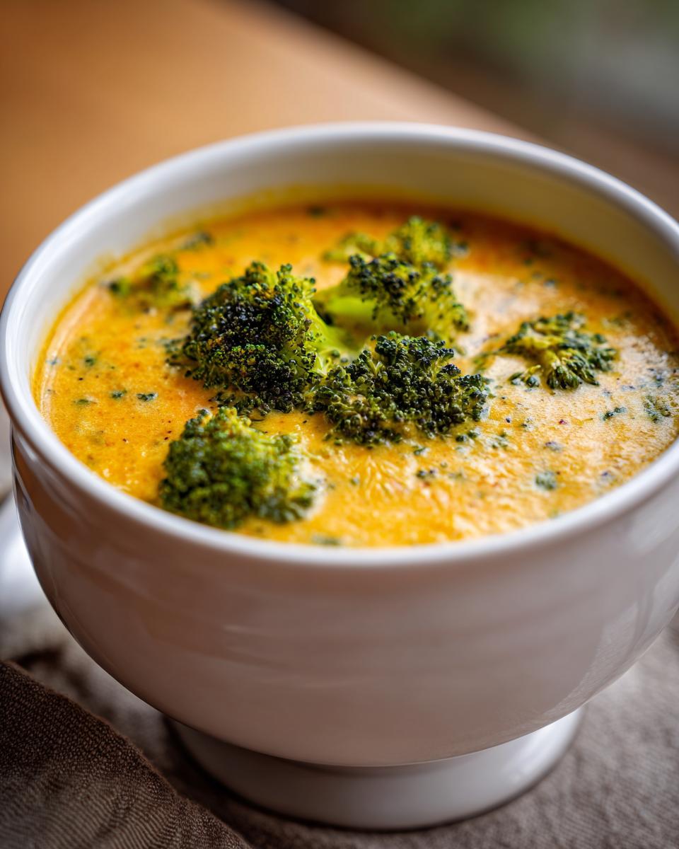 A close-up of a white bowl filled with creamy broccoli cheddar soup, topped with fresh broccoli florets.