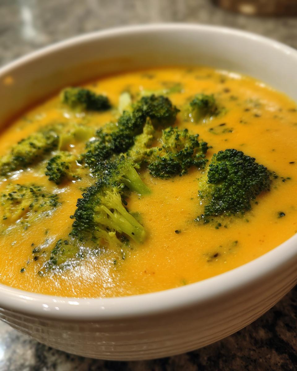 A close-up shot of a bowl filled with creamy Broccoli Cheddar Soup, featuring tender florets.