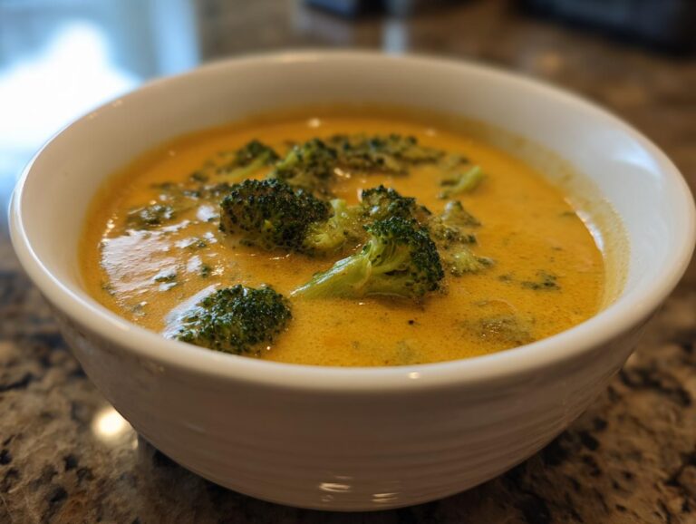 A close-up of a white bowl filled with creamy, vibrant Broccoli Cheddar Soup, featuring tender broccoli florets.