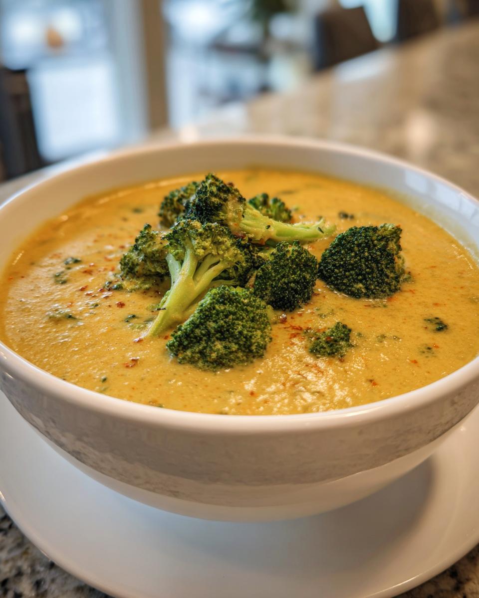 A close-up of a creamy Broccoli Cheddar Soup topped with fresh broccoli florets and a sprinkle of red pepper flakes.
