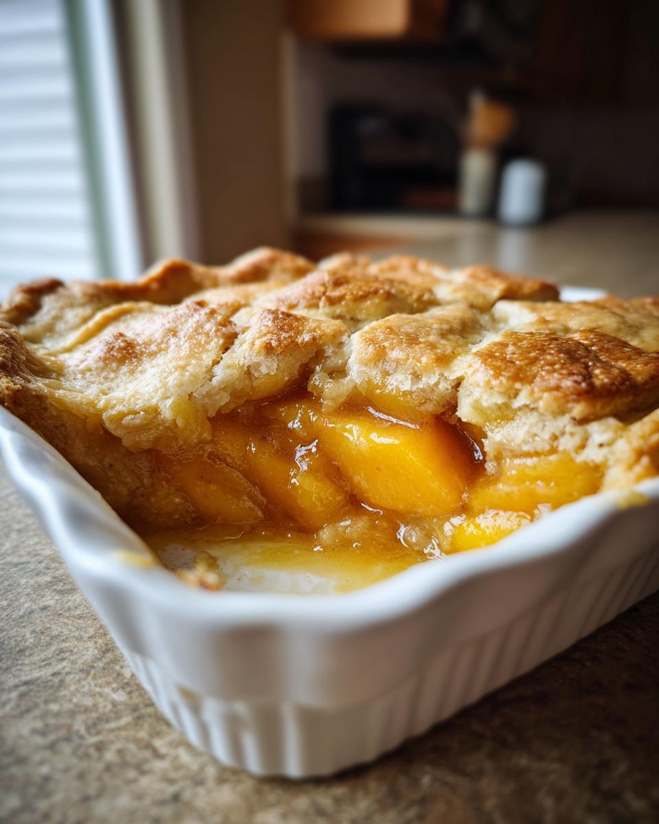 A close-up of a freshly baked brown butter peach cobbler in a white baking dish, showing juicy peach filling and a golden, flaky crust.