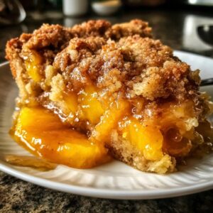 A close-up of a moist slice of brown butter peach cobbler, showcasing juicy peaches and a crumbly topping.