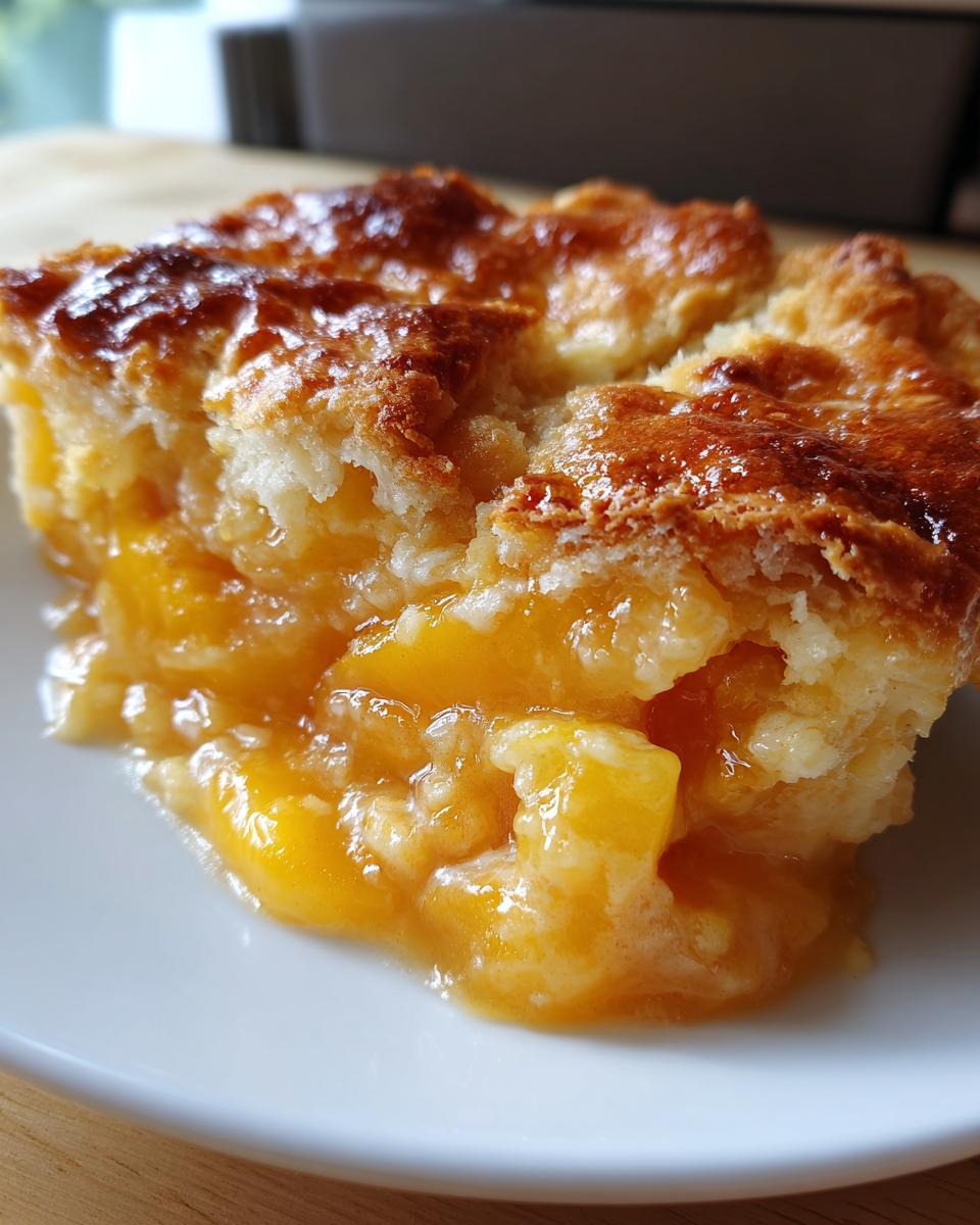 A close-up of a slice of brown butter peach cobbler on a white plate, showing juicy peaches and a golden crust.