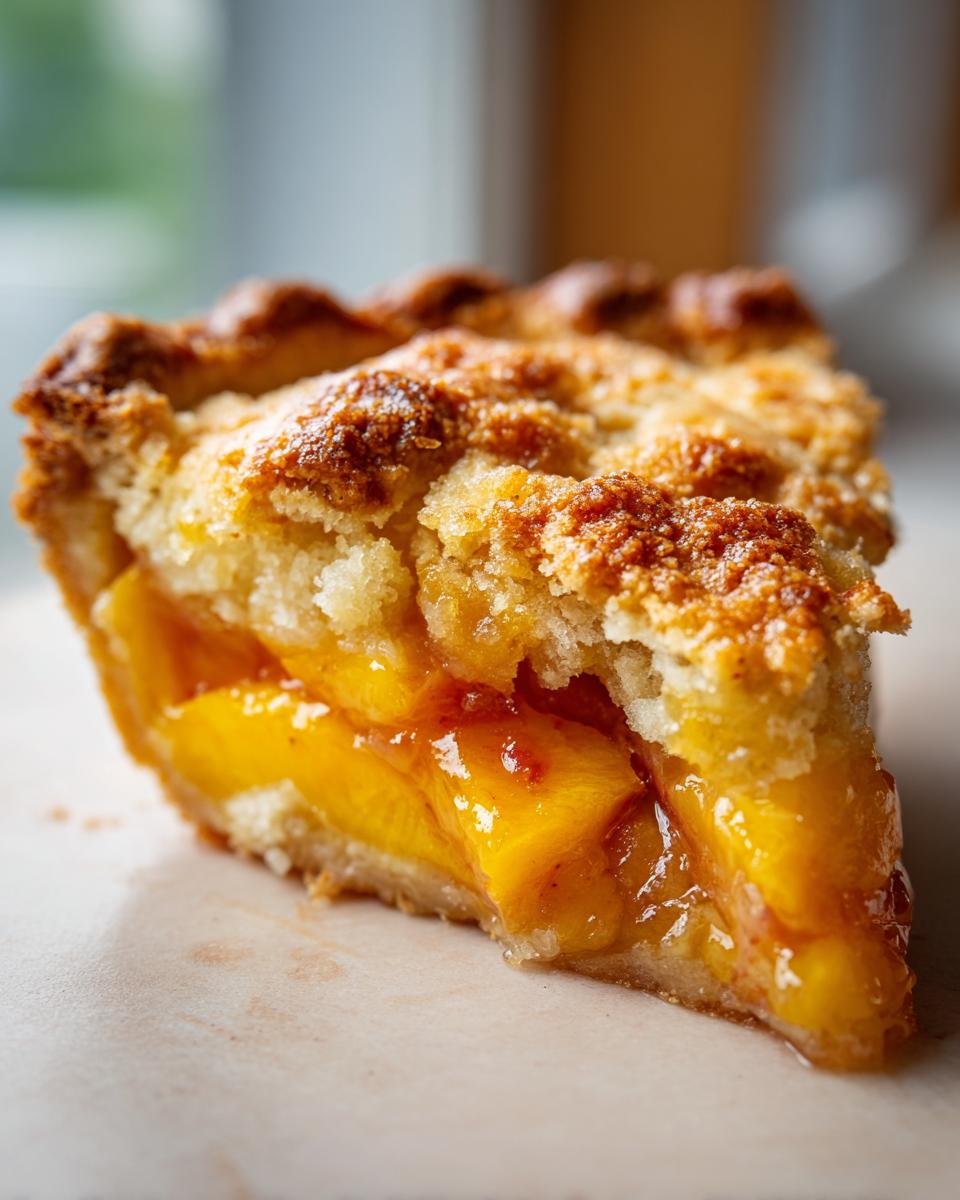 A close-up of a slice of brown butter peach cobbler, showcasing juicy peaches and a crumbly topping.