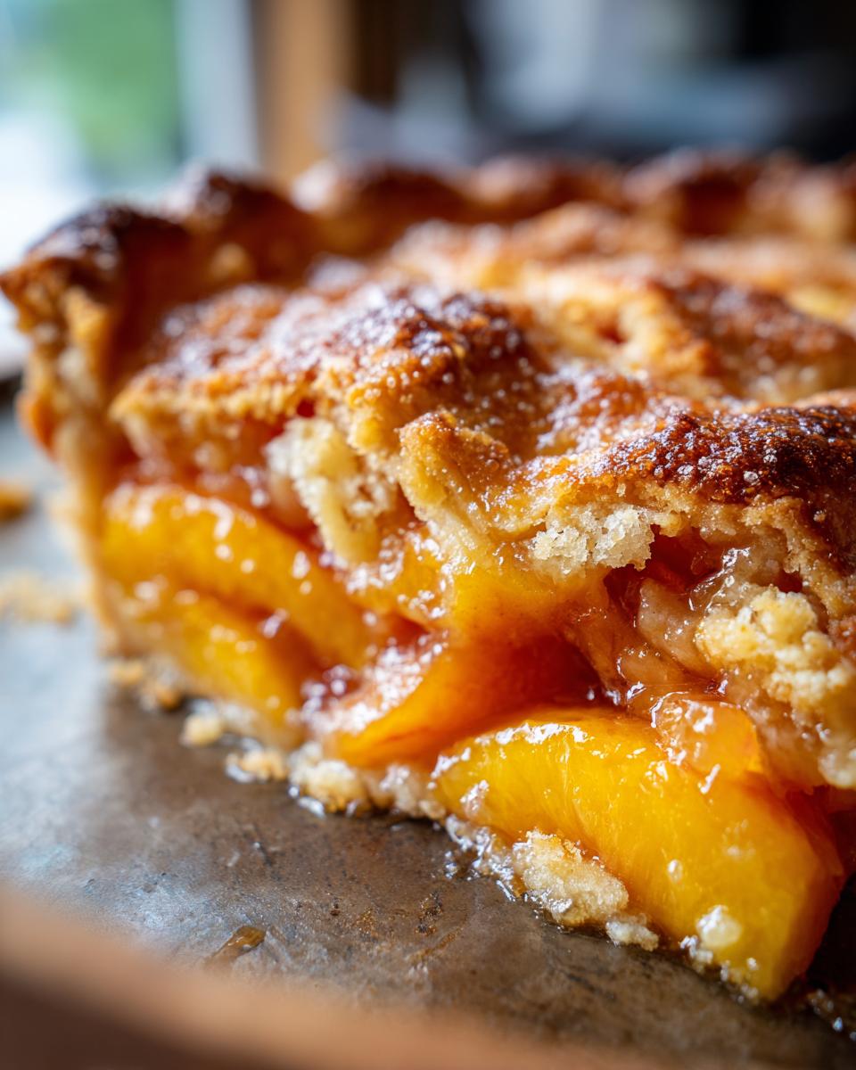 A close-up, side view of a slice of brown butter peach cobbler, showcasing juicy peaches and a golden-brown crust.