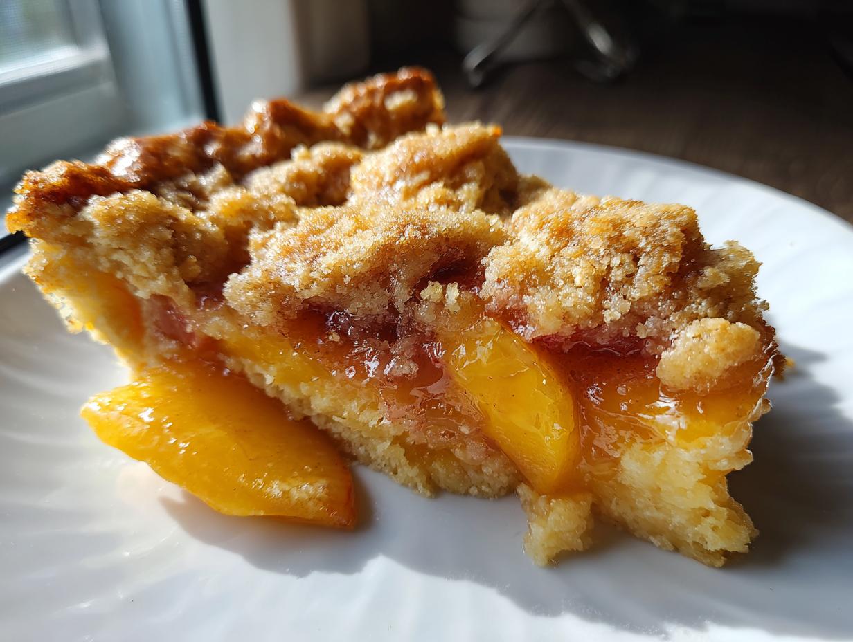A close-up of a slice of brown butter peach cobbler on a white plate, showcasing tender peach slices and a crumbly topping.