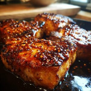 Close-up of juicy brown sugar pork chops glazed with a rich, dark sauce and spices.