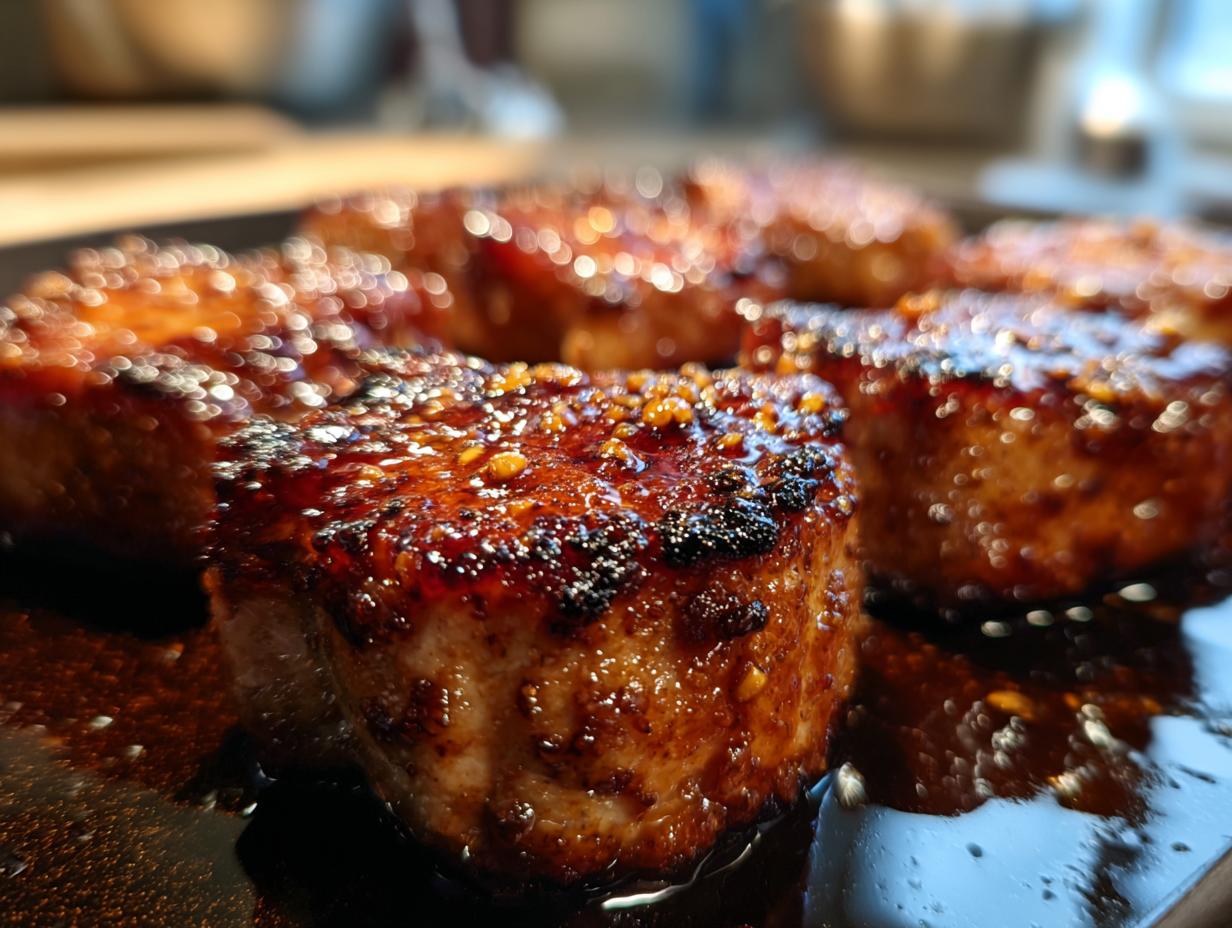 Close-up shot of glistening brown sugar pork chops, perfectly seared and glazed.