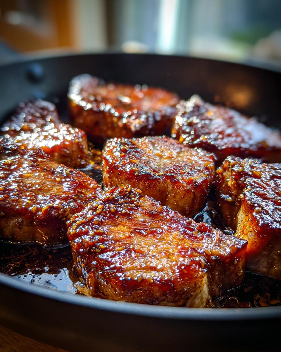 Close-up of several juicy brown sugar pork chops sizzling in a black skillet, coated in a glistening glaze.