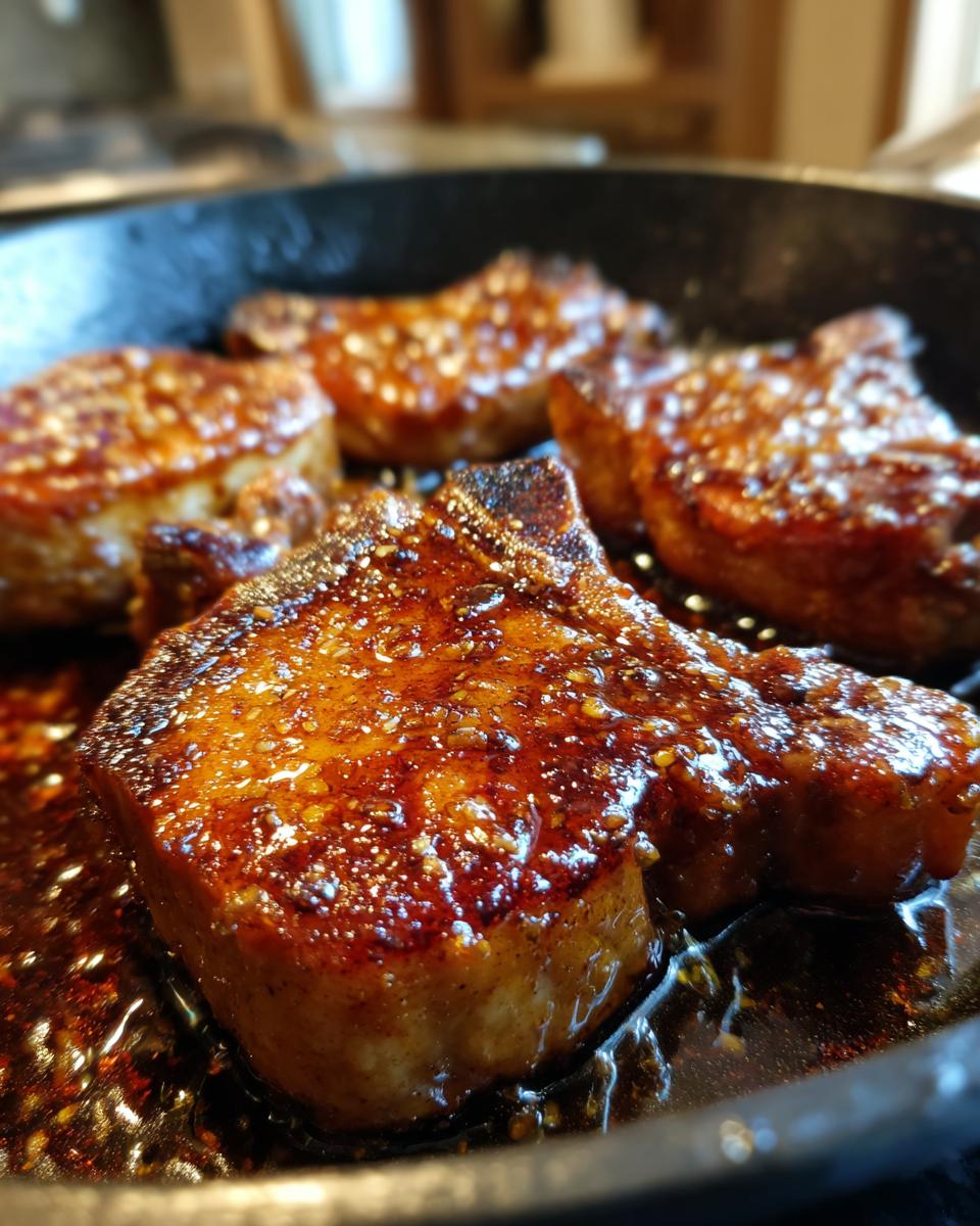 Close-up of juicy brown sugar pork chops cooking in a cast-iron skillet with glaze.