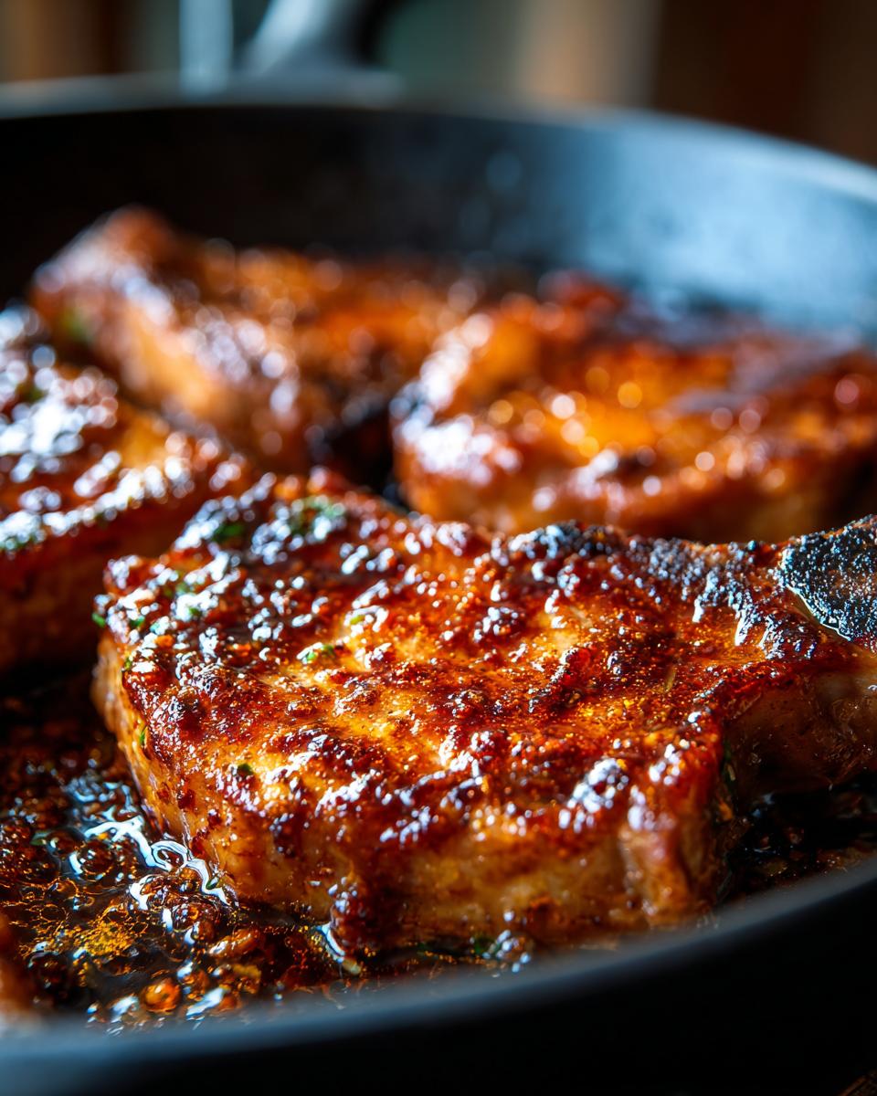 Close-up of juicy brown sugar pork chops sizzling in a cast iron skillet, glazed with a rich sauce.